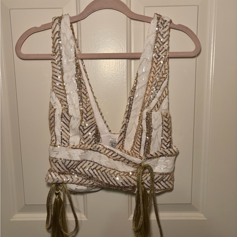 Gold and white sequin top with tie tassel belt - Picture 3 of 6
